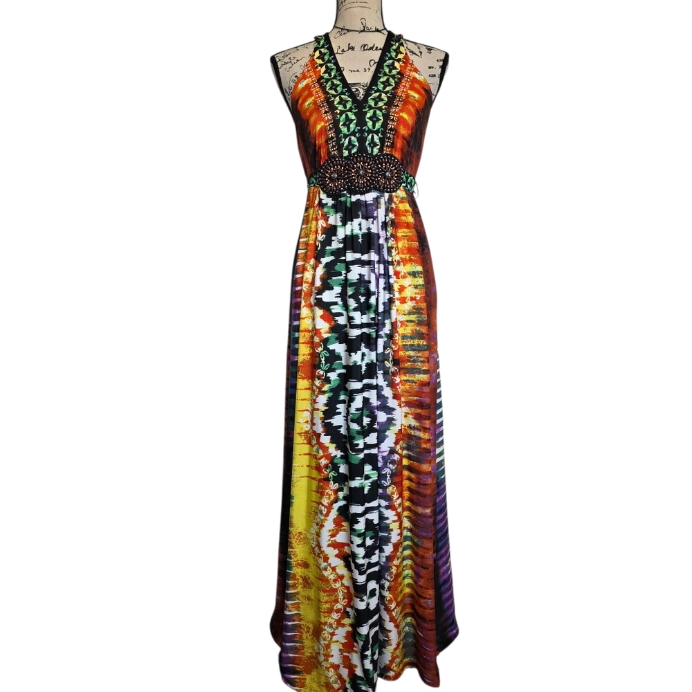 Roz & Ali Boho Tribal Print Halter Maxi Dress with Beaded Waist - Size 12